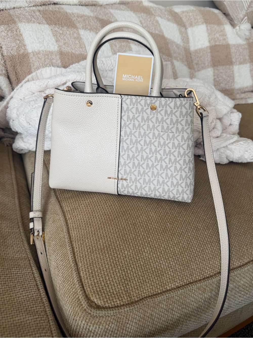 Michael Kors Cream and Light Gray MK Signature Crossbody Satchel